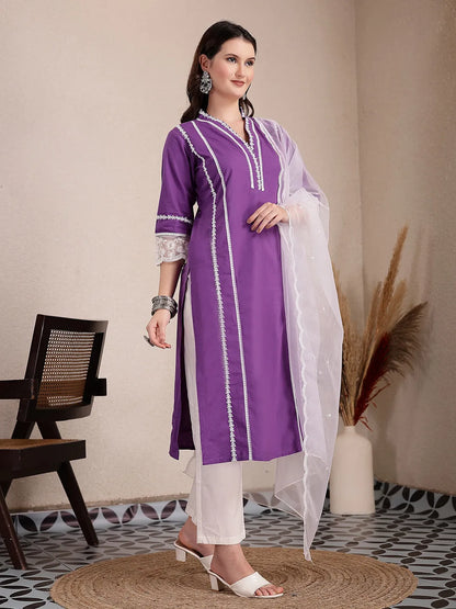 Purple Premium Cotton Kurta Dupatta Pant Set