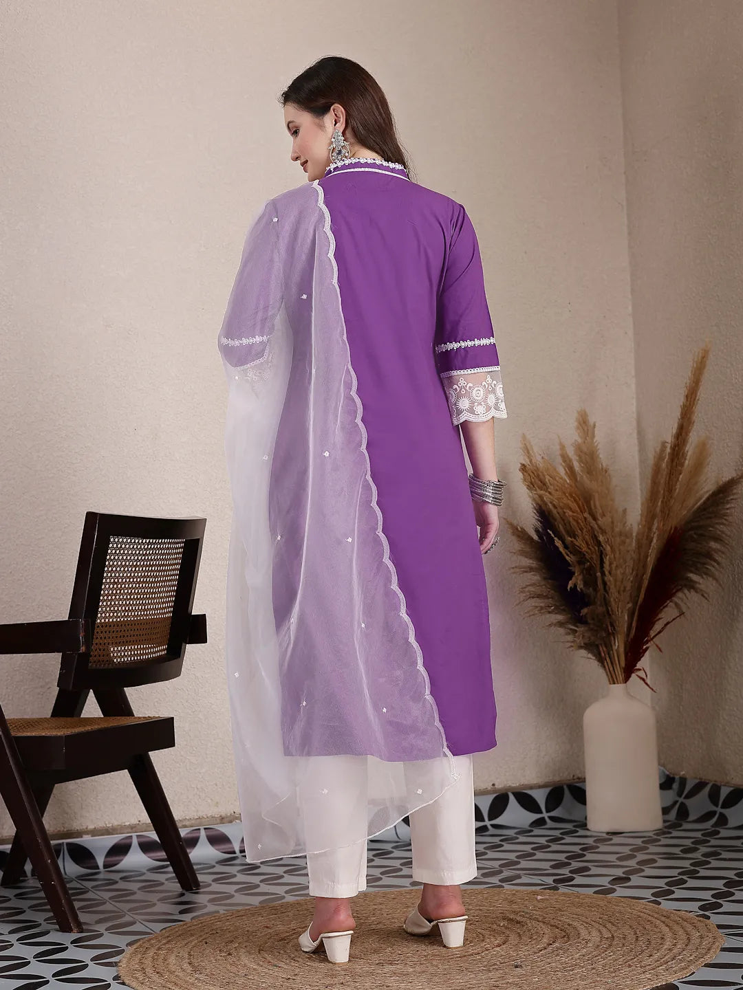 Purple Premium Cotton Kurta Dupatta Pant Set