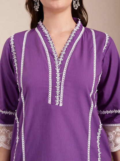 Purple Premium Cotton Kurta Dupatta Pant Set