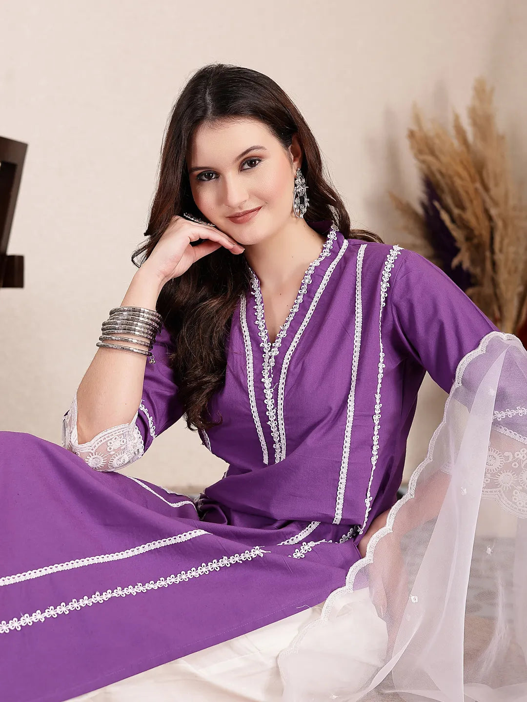 Purple Premium Cotton Kurta Dupatta Pant Set