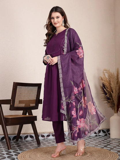 Purple Pure Cotton A-Line Pleated Kurta Dupatta Pant Set