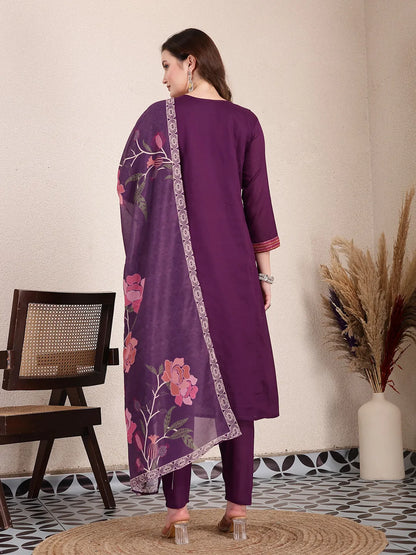 Purple Pure Cotton A-Line Pleated Kurta Dupatta Pant Set