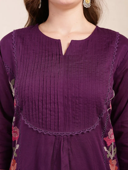 Purple Pure Cotton A-Line Pleated Kurta Dupatta Pant Set