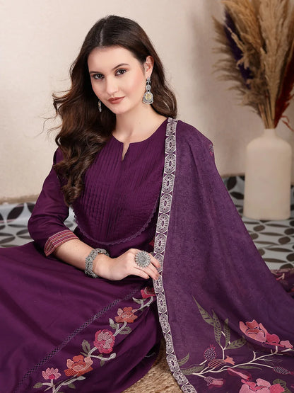 Purple Pure Cotton A-Line Pleated Kurta Dupatta Pant Set