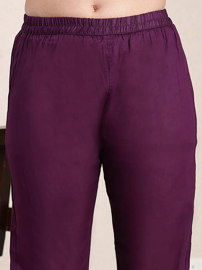 Purple Pure Cotton A-Line Pleated Kurta Dupatta Pant Set