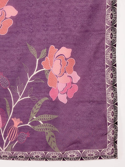 Purple Pure Cotton A-Line Pleated Kurta Dupatta Pant Set