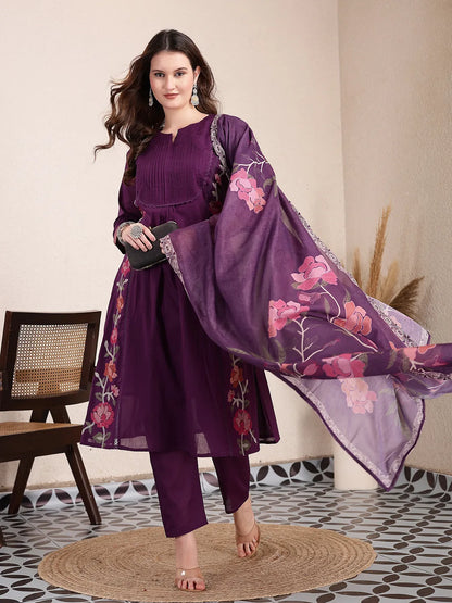 Purple Pure Cotton A-Line Pleated Kurta Dupatta Pant Set