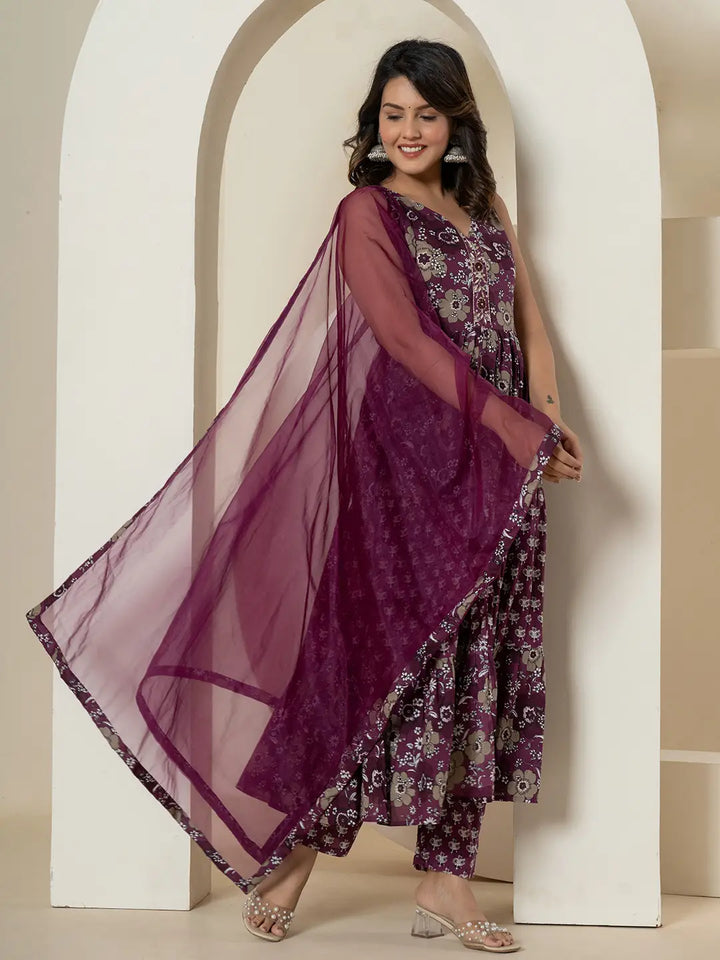 Purple Pure Cotton Fit And Flare Tiered Kurta Trouser &amp; Dupatta Set