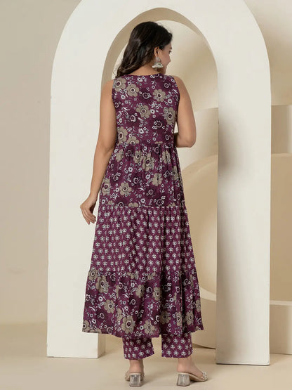 Purple Pure Cotton Fit And Flare Tiered Kurta Trouser & Dupatta Set
