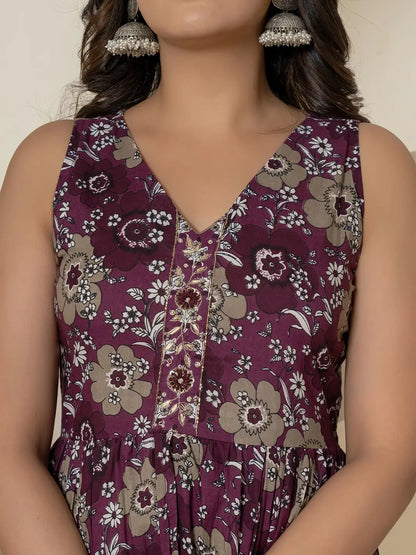 Purple Pure Cotton Fit And Flare Tiered Kurta Trouser & Dupatta Set