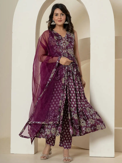 Purple Pure Cotton Fit And Flare Tiered Kurta Trouser & Dupatta Set