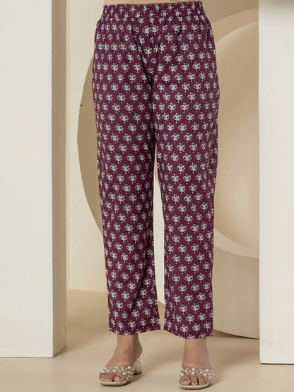 Purple Pure Cotton Fit And Flare Tiered Kurta Trouser & Dupatta Set