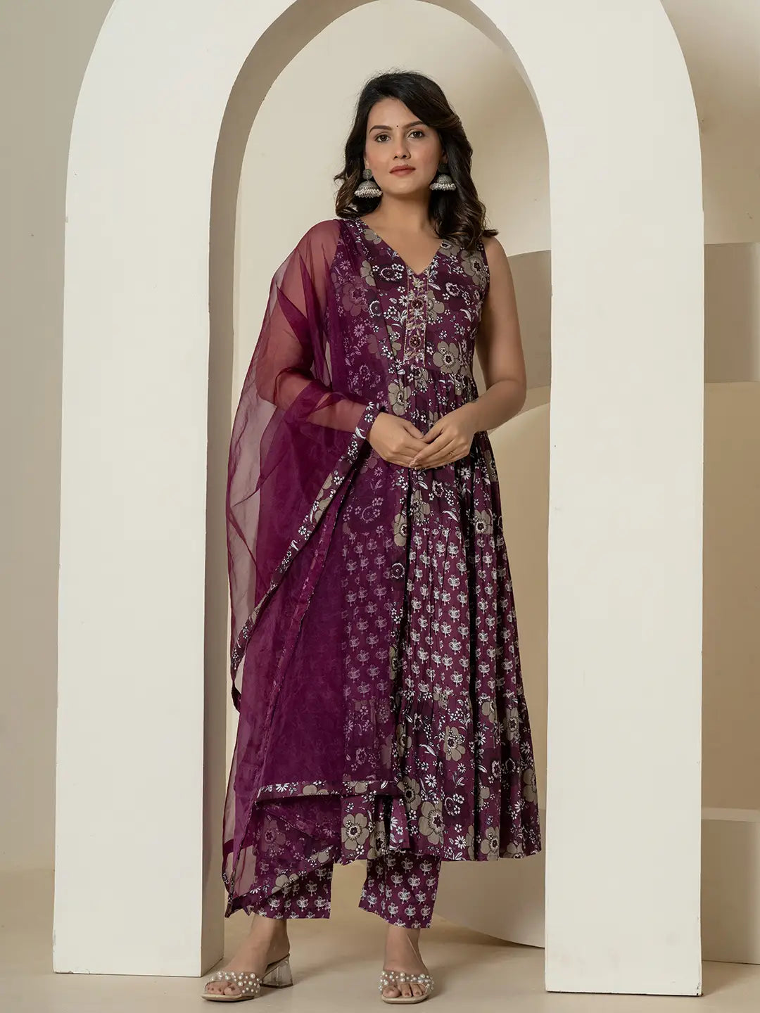 Purple Pure Cotton Fit And Flare Tiered Kurta Trouser & Dupatta Set