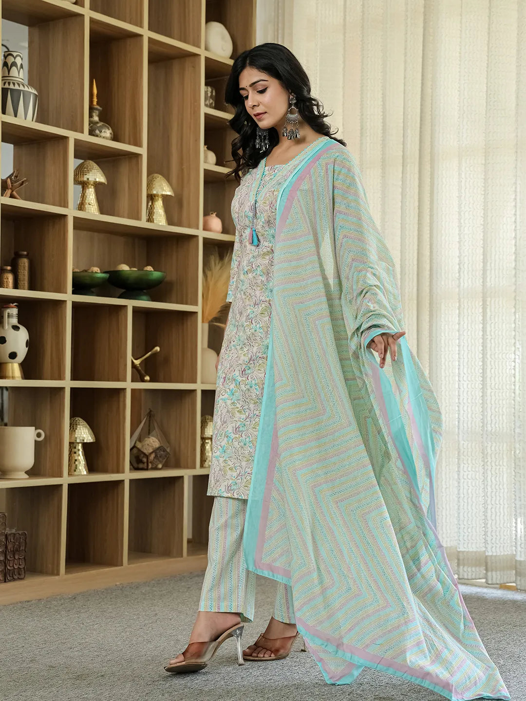 Purple Pure Cotton Floral Print Kurta Dupatta Pant Set