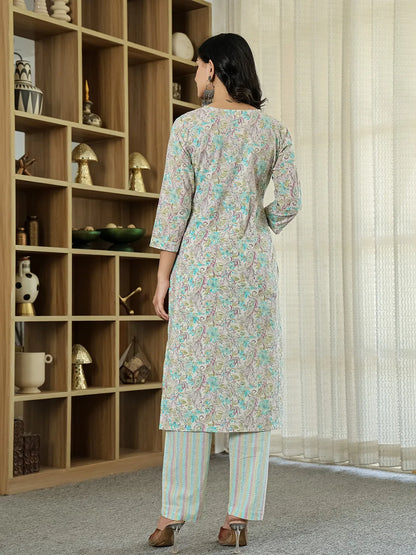 Purple Pure Cotton Floral Print Kurta Dupatta Pant Set