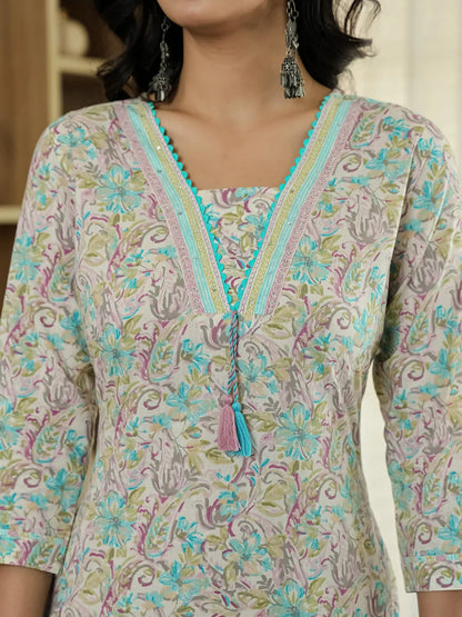 Purple Pure Cotton Floral Print Kurta Dupatta Pant Set