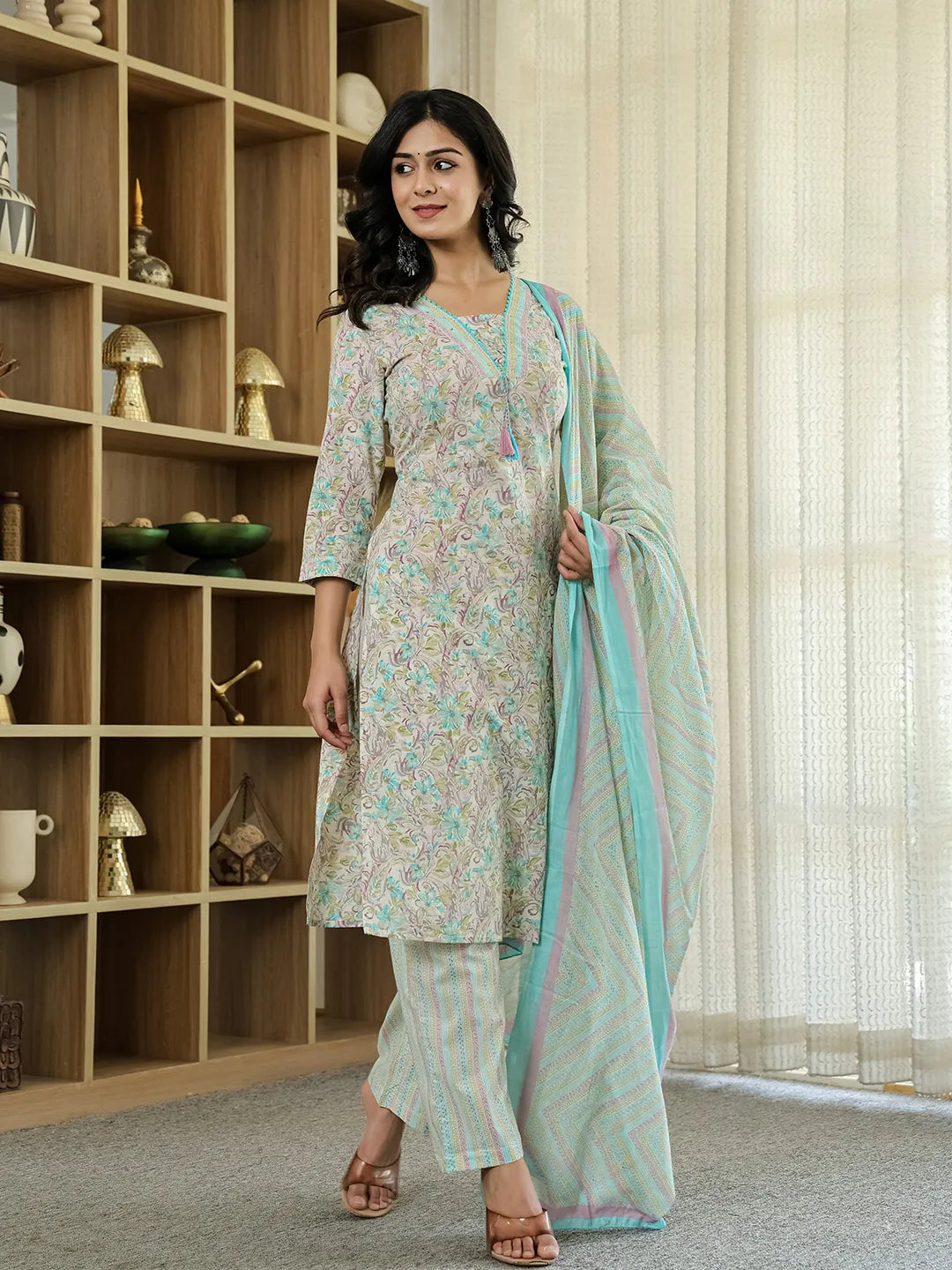 Purple Pure Cotton Floral Print Kurta Dupatta Pant Set