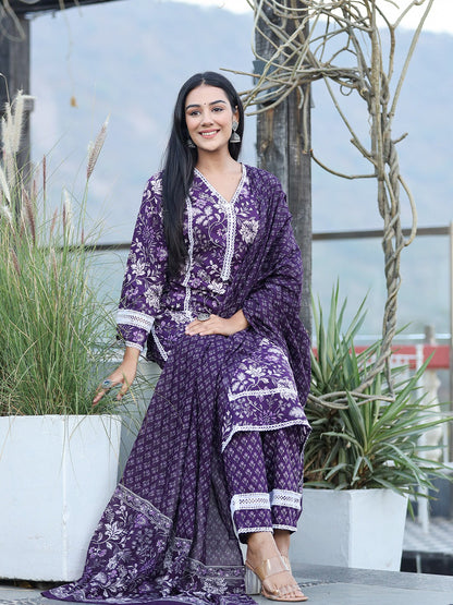 Purple Pure Cotton Kurta Dupatta Set With Thread Work Detailing