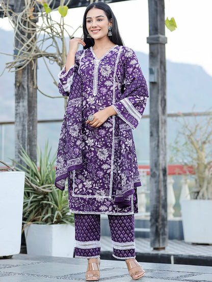 Purple Pure Cotton Kurta Dupatta Set With Thread Work Detailing