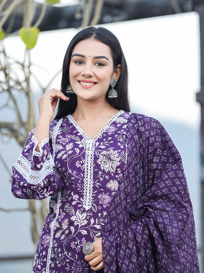 Purple Pure Cotton Kurta Dupatta Set With Thread Work Detailing