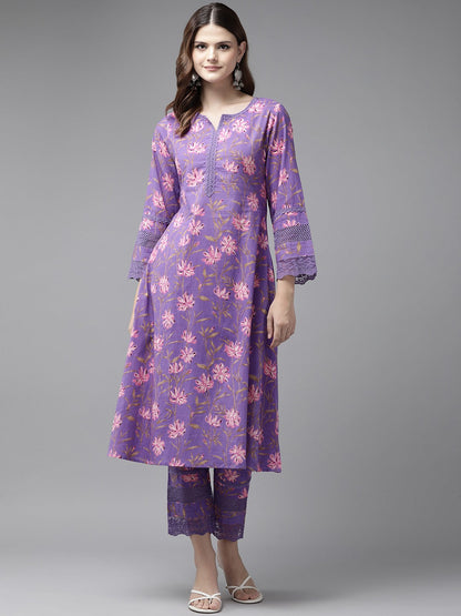 Purple Pure Cotton Kurta Set With Embroidery Kurta Trouser Set