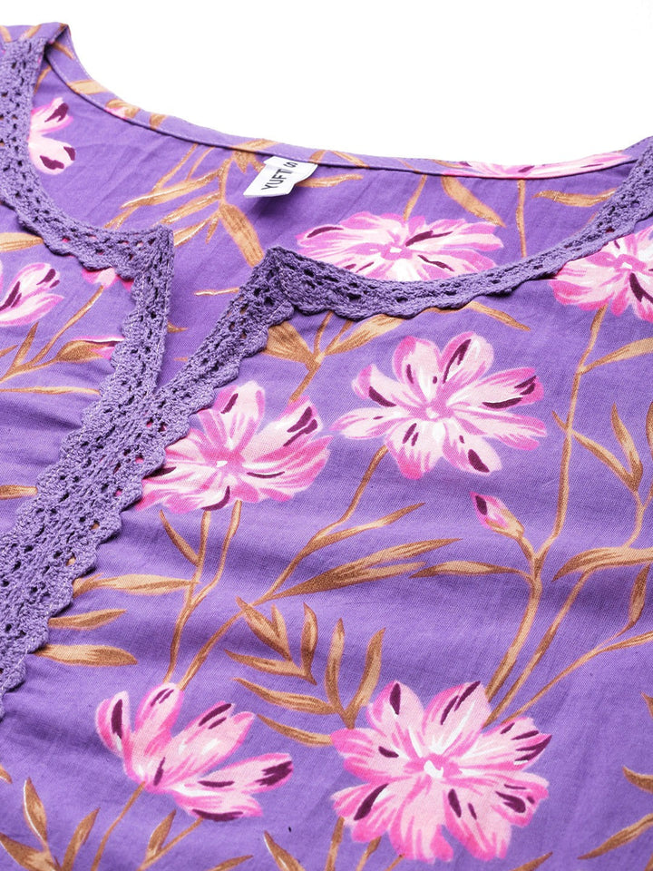 Purple Pure Cotton Kurta Set With Embroidery Kurta Trouser Set