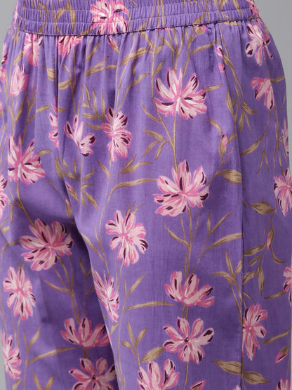 Purple Pure Cotton Kurta Set With Embroidery Kurta Trouser Set