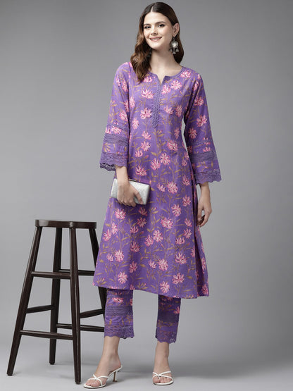 Purple Pure Cotton Kurta Set With Embroidery Kurta Trouser Set