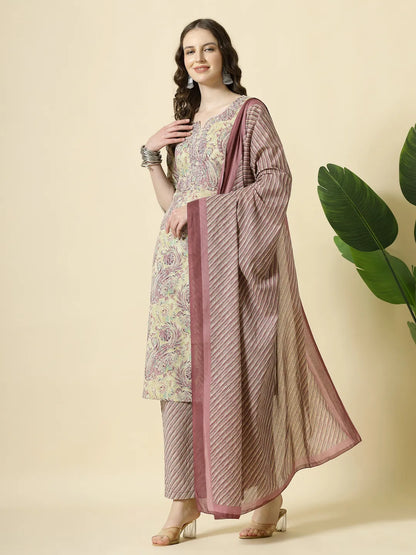 Purple Pure Cotton Paisley Kurta Dupatta Pant Set