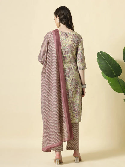 Purple Pure Cotton Paisley Kurta Dupatta Pant Set