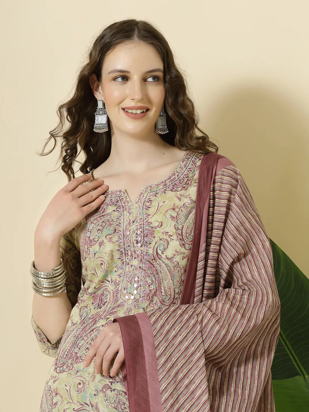 Purple Pure Cotton Paisley Kurta Dupatta Pant Set