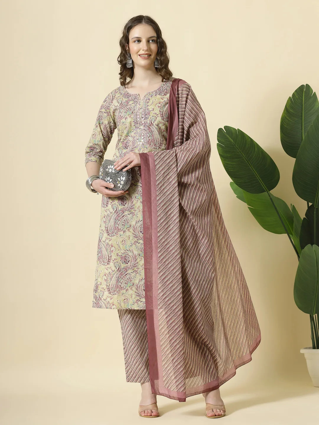 Purple Pure Cotton Paisley Kurta Dupatta Pant Set