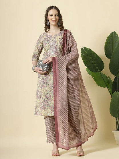 Purple Pure Cotton Paisley Kurta Dupatta Pant Set