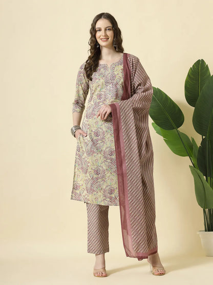 Purple Pure Cotton Paisley Kurta Dupatta Pant Set