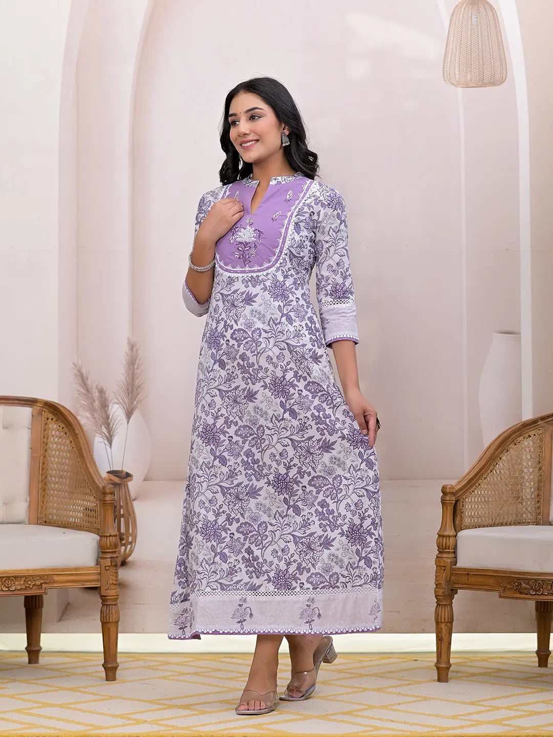 Purple Resham Embroidery Cotton A Line Dress