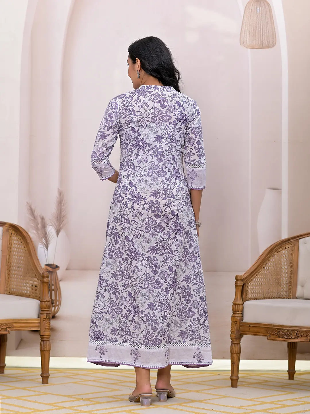 Purple Resham Embroidery Cotton A Line Dress