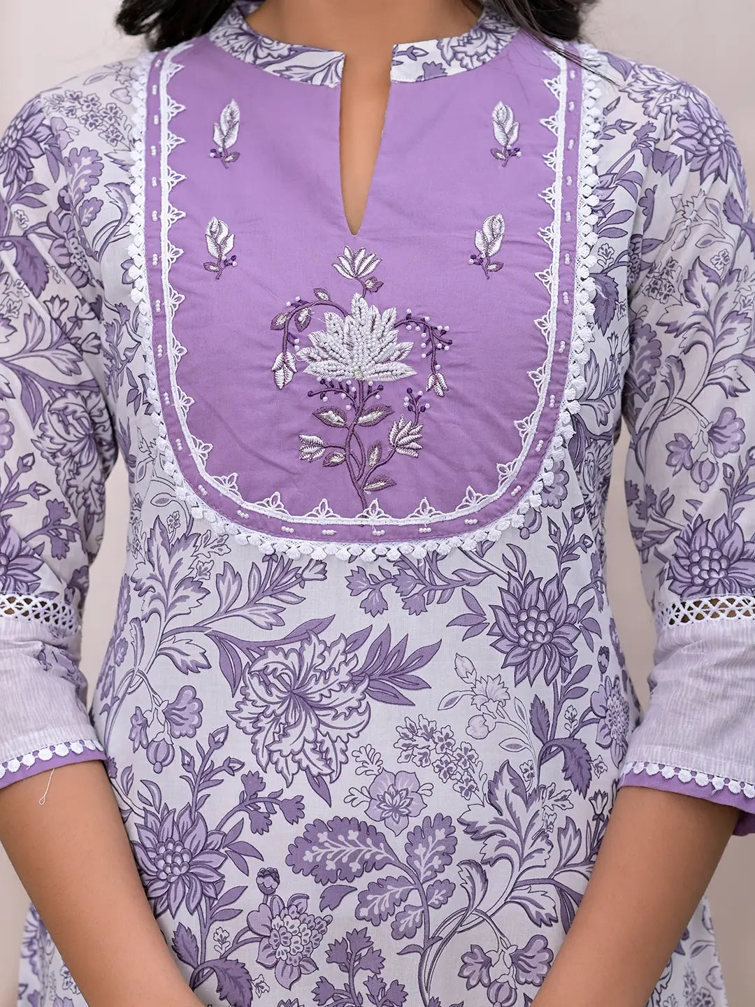 Purple Resham Embroidery Cotton A Line Dress