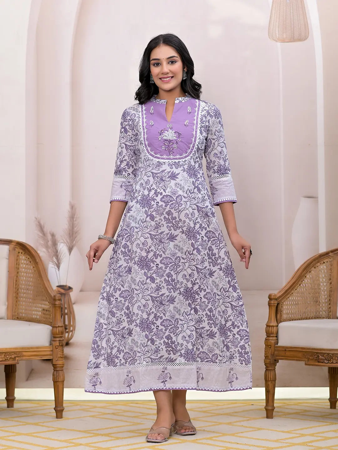 Purple Resham Embroidery Cotton A Line Dress