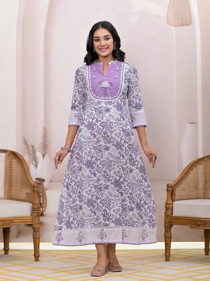 Purple Resham Embroidery Cotton A Line Dress