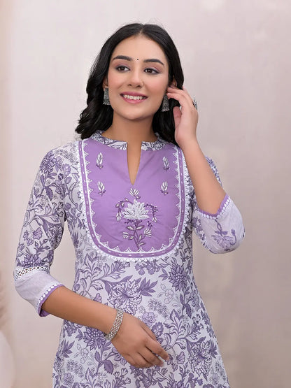 Purple Resham Embroidery Cotton A Line Dress