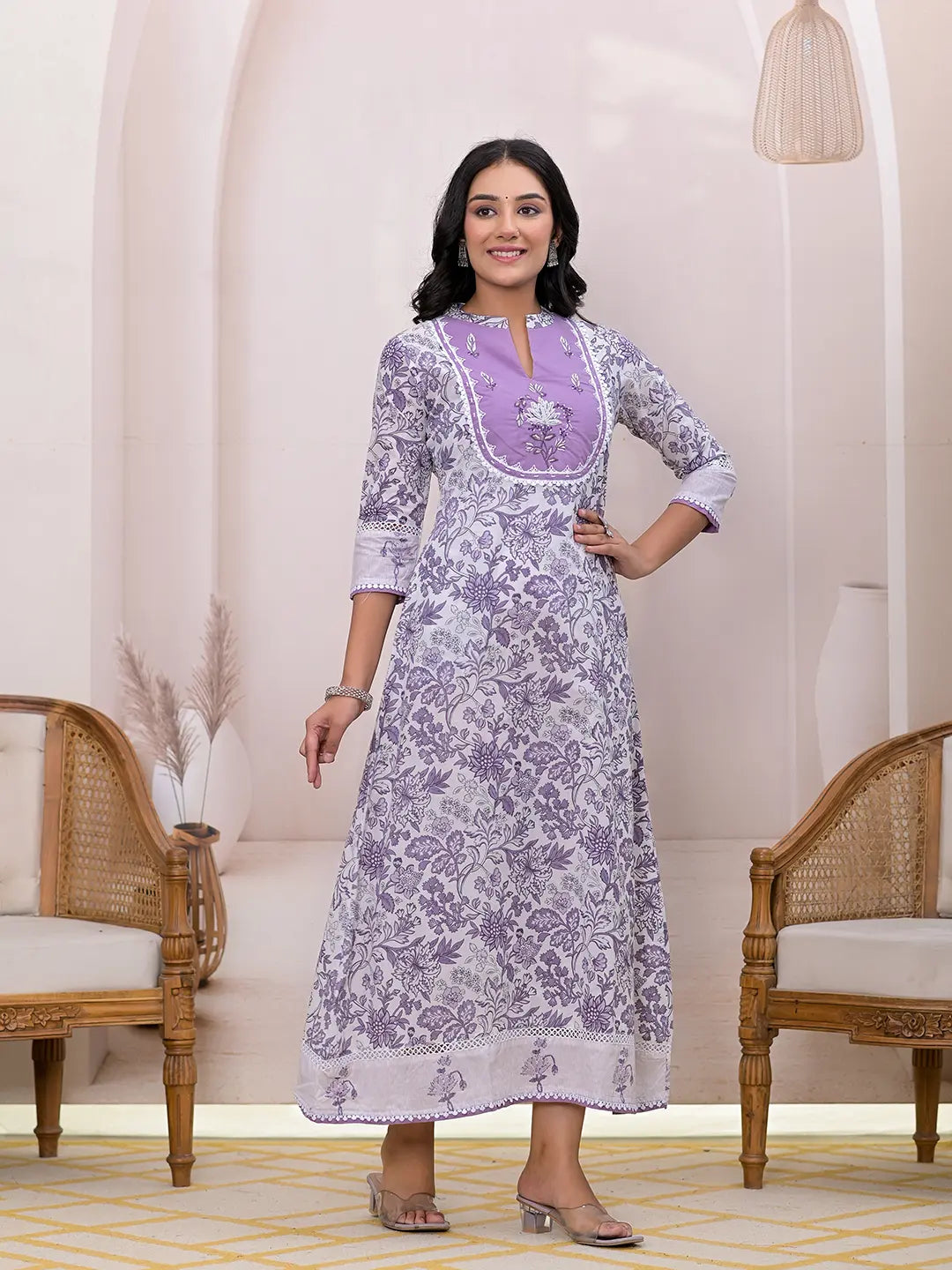 Purple Resham Embroidery Cotton A Line Dress