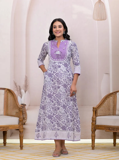 Purple Resham Embroidery Cotton A Line Dress