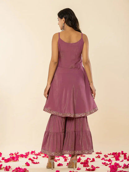 Purple Shoulder Straps Neck Sleeveless Regular Thread Work Kurta With Sharara With Dupatta Set