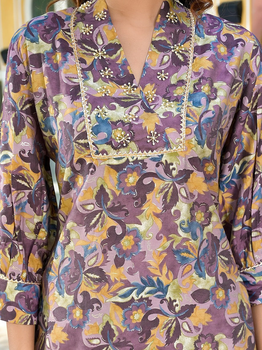 Purple Silk blend Floral Print Co ord set