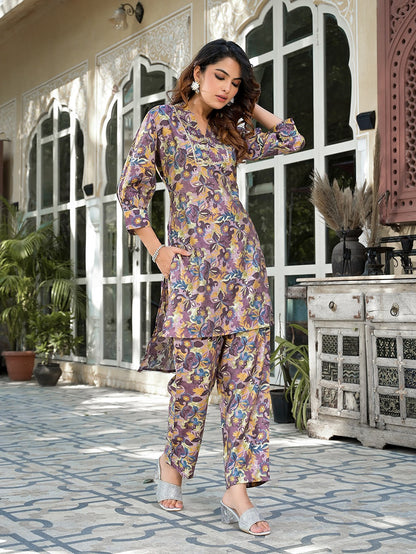 Purple Silk blend Floral Print Co ord set