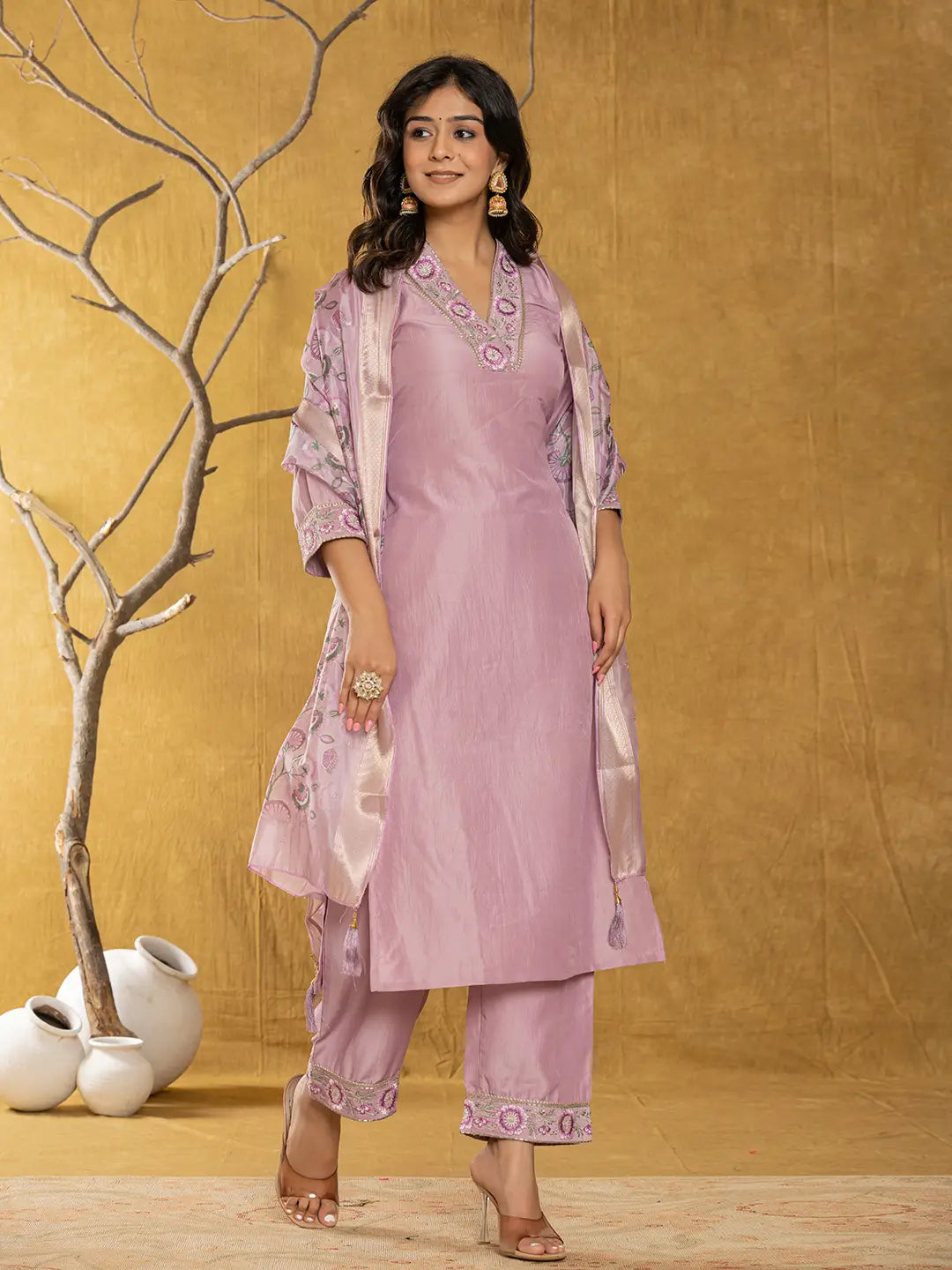 Purple Silk Blend Pakistani Style Kurta Dupatta Set