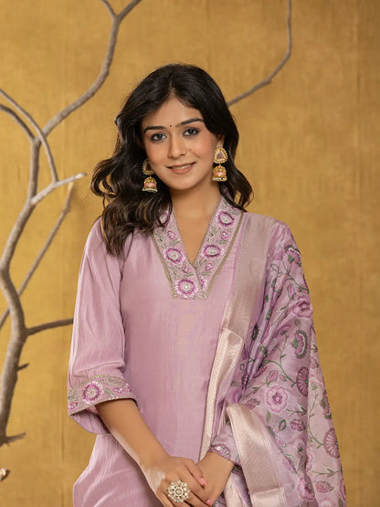 Purple Silk Blend Pakistani Style Kurta Dupatta Set