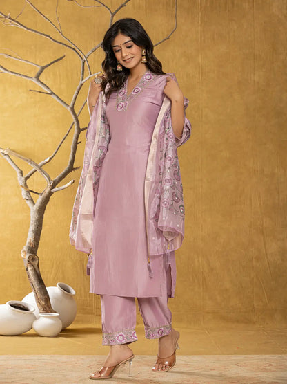 Purple Silk Blend Pakistani Style Kurta Dupatta Set