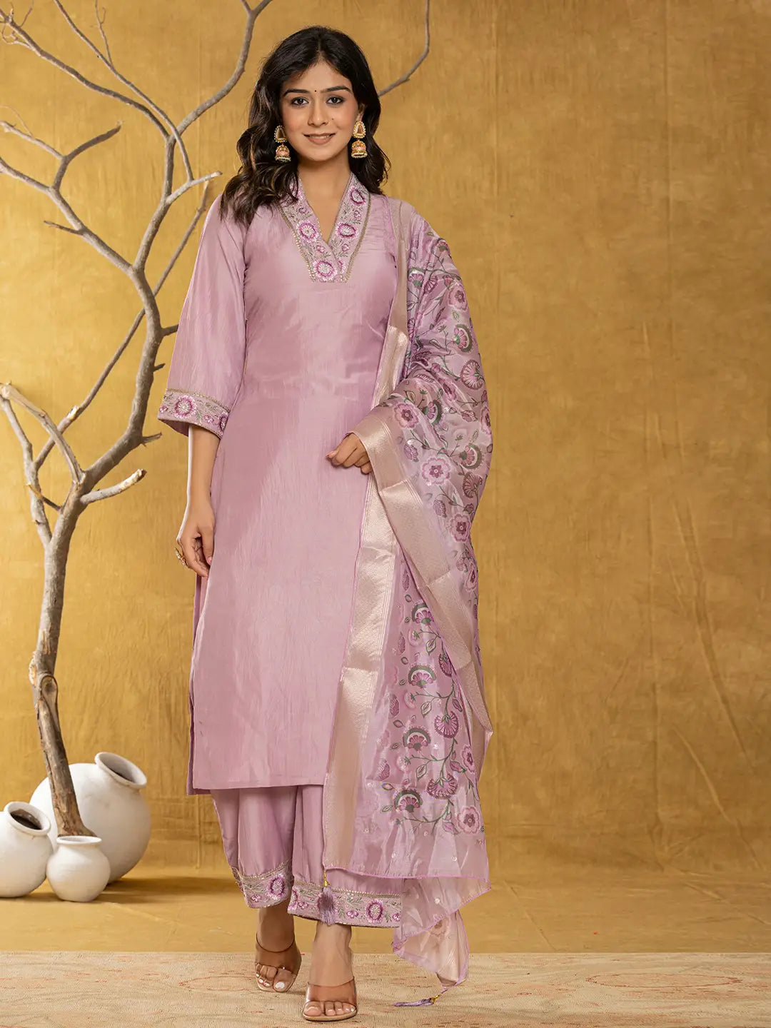 Purple Silk Blend Pakistani Style Kurta Dupatta Set
