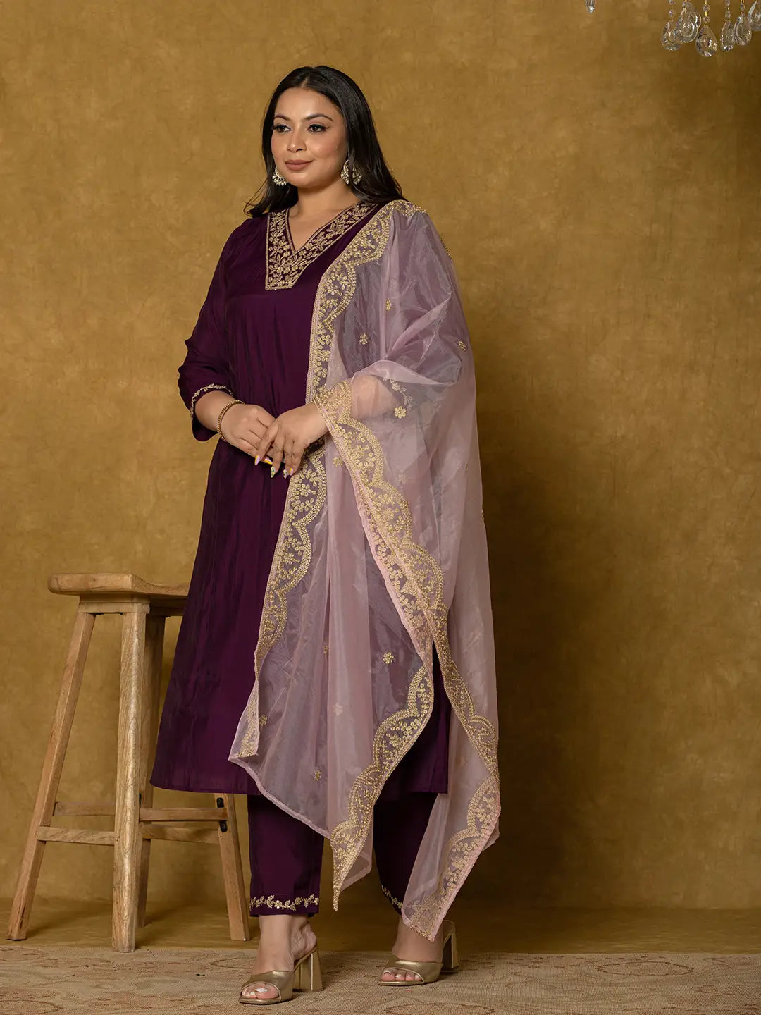 Purple Silk Embroidered Plus Size Kurta Dupatta Set